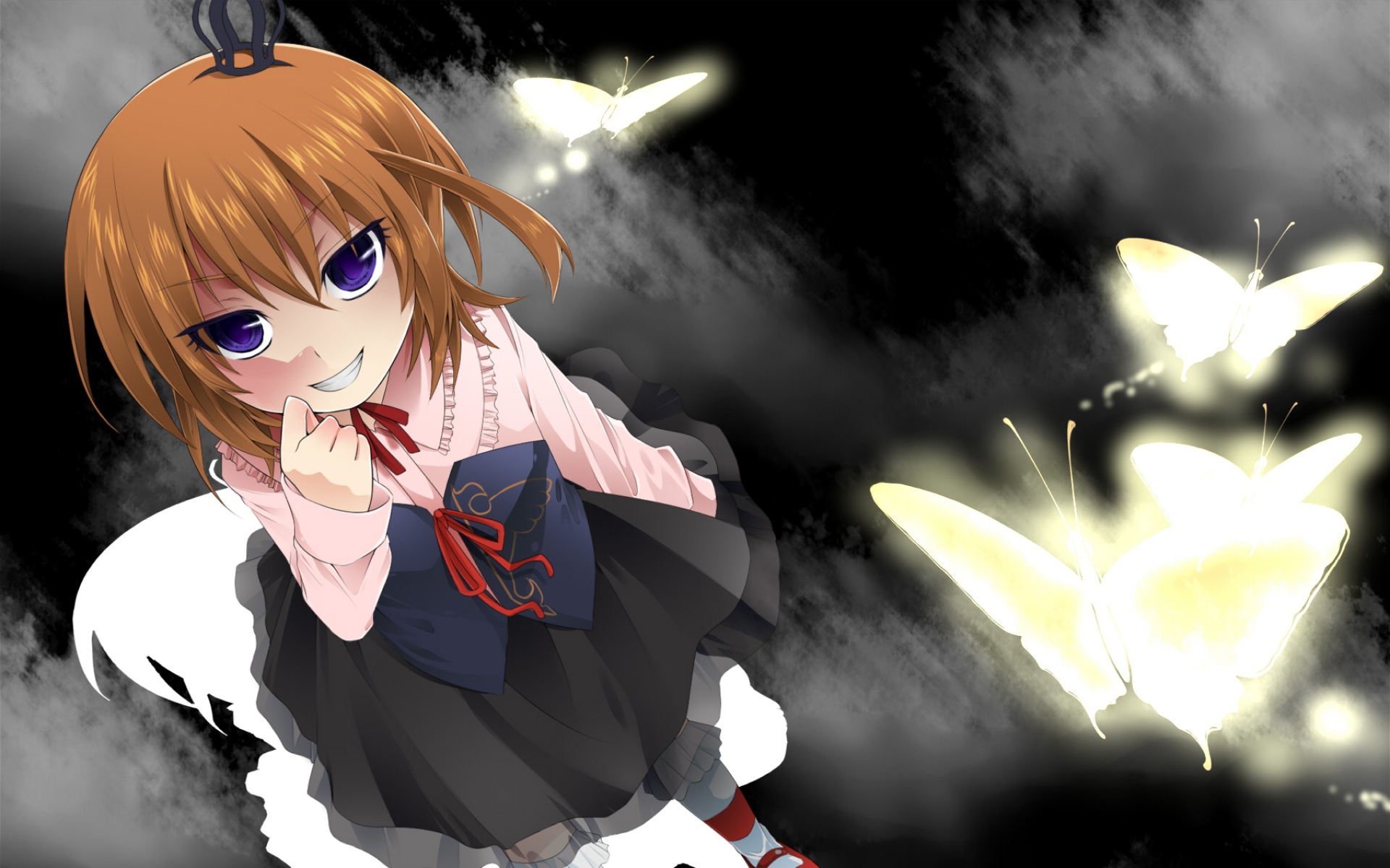 Картинки Umineko no naku koro ni, когда чайки плачут, девушка, улыбка, бабочки фото и обои на рабочий стол