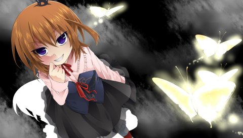 Umineko no naku koro ni, когда чайки плачут, девушка, улыбка, бабочки