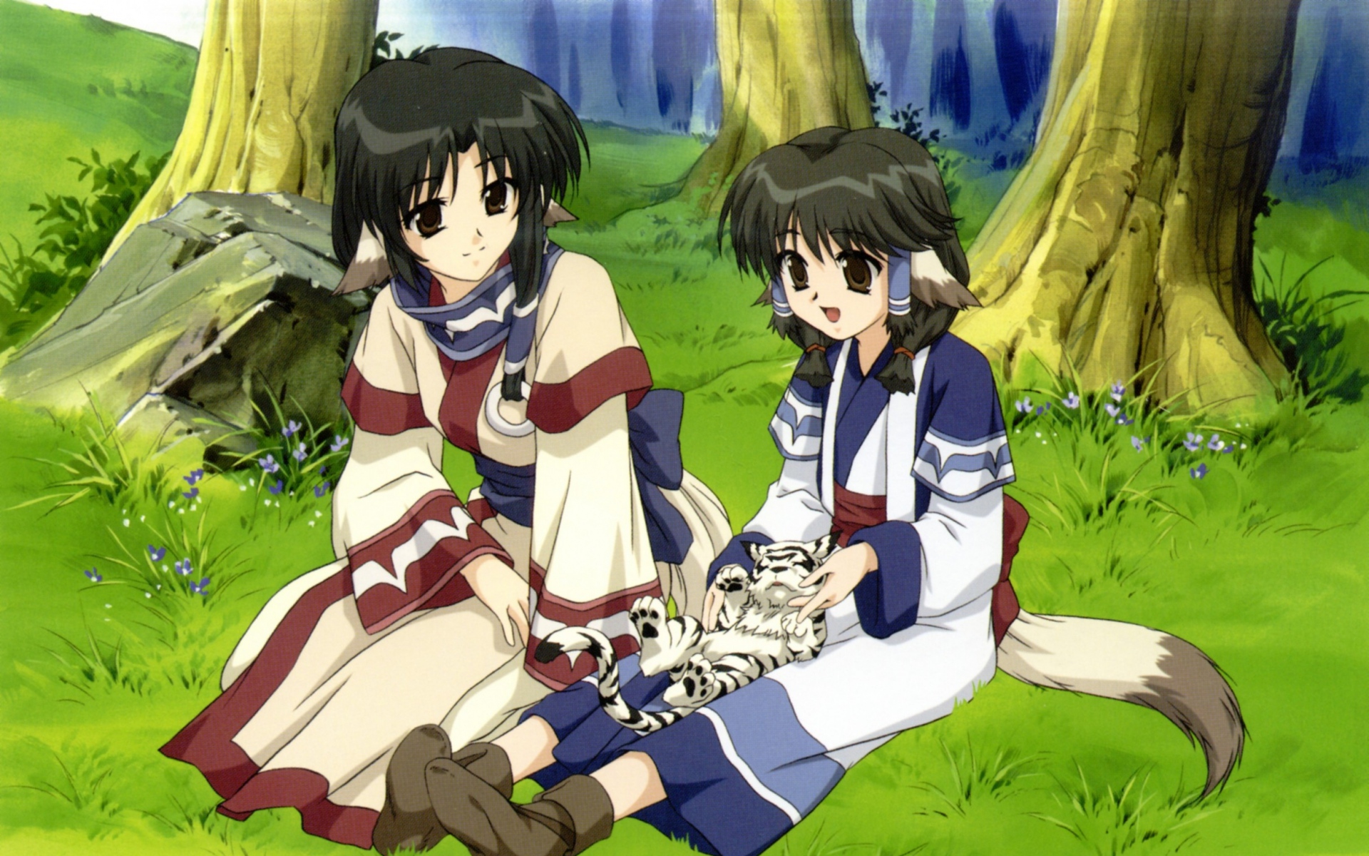 Картинки Utawarerumono, девушки, радость, лес, животное фото и обои на рабочий стол