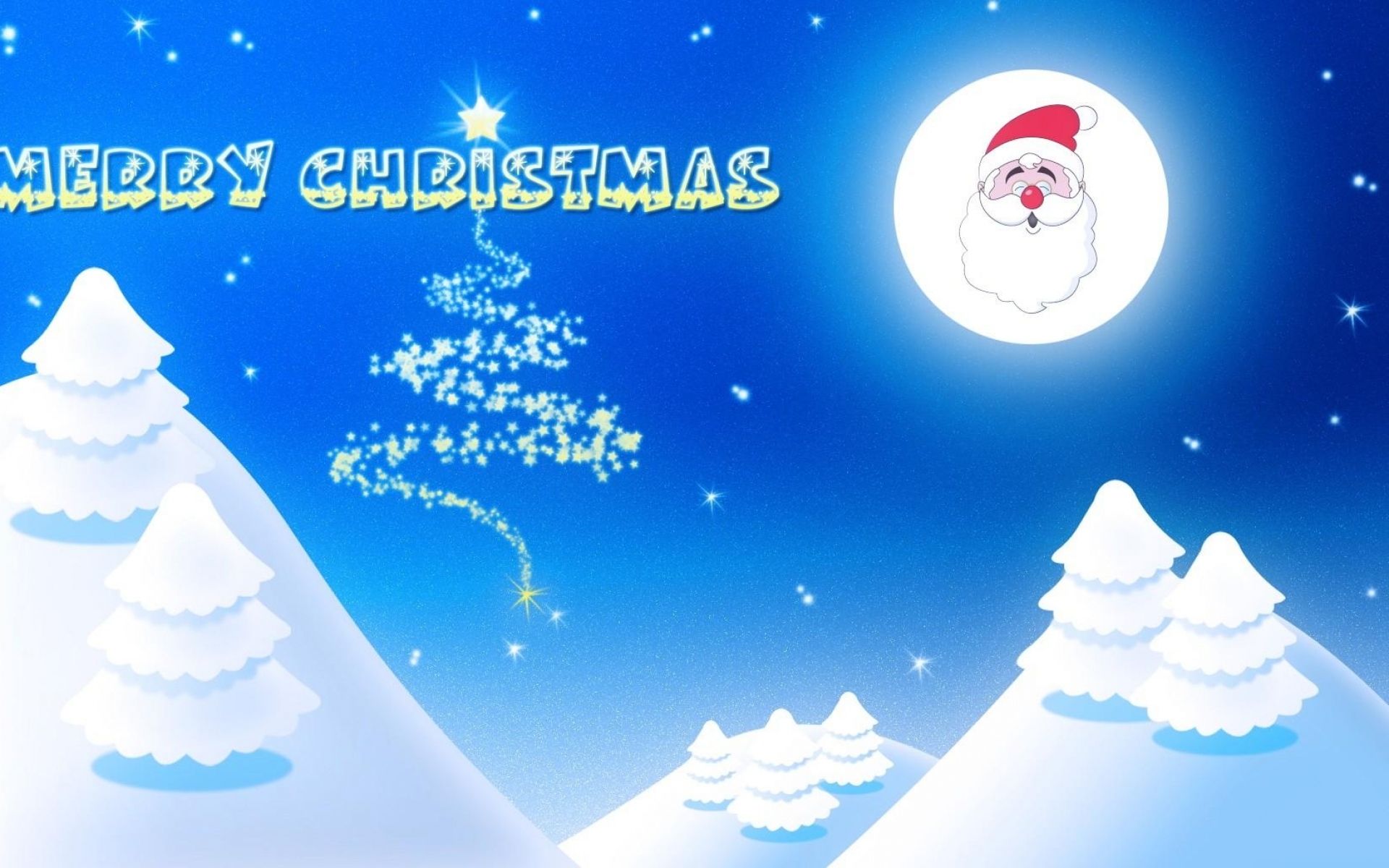 Картинки Санта-Клаус, улыбка, луна, дерево, ночь, надпись, рождество фото и обои на рабочий стол