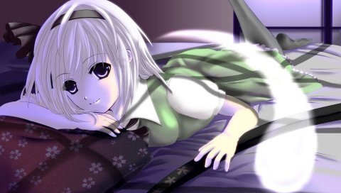 Touhou коллекция, девушка, улыбка, сладкий, кровать