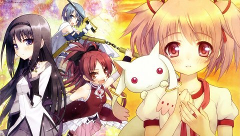 Mahou shoujo madoka magica, девушки, юбки, чулки, животные