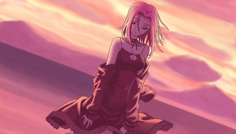 Haruno sakura, Наруто shippuden, девушка, закат, вода, носки, платье