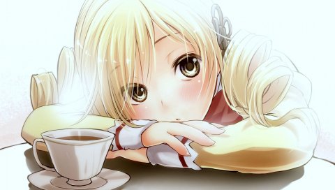 Mahou shoujo madoka magica, девушка, блондин, взгляд, чашка