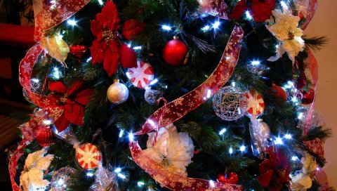 Дерево, рождественские украшения, гирлянда, лента, макро, рождество