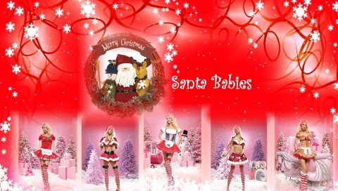 Санта-Клаус, девушки, рождество, подарки, снежинки, надпись