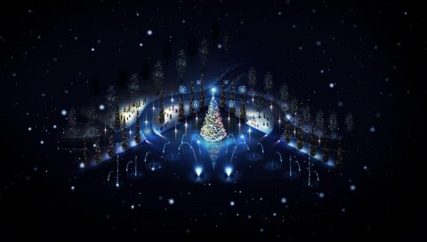 Дерево, гирлянды, праздник, фейерверки, рождество, ночь