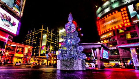 Рождество, праздник, дерево, улица, ночь, площадь