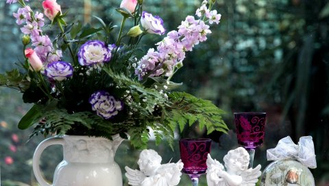 Lisianthus russell, gillyflower, цветы, букеты, кувшин, чашки, стаканы, ангелы
