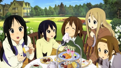 K-on, девушки, стол, лакомства