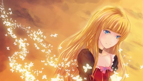 Umineko no naku koro ni, когда чайки плачут, девушка, блондинка, бабочка