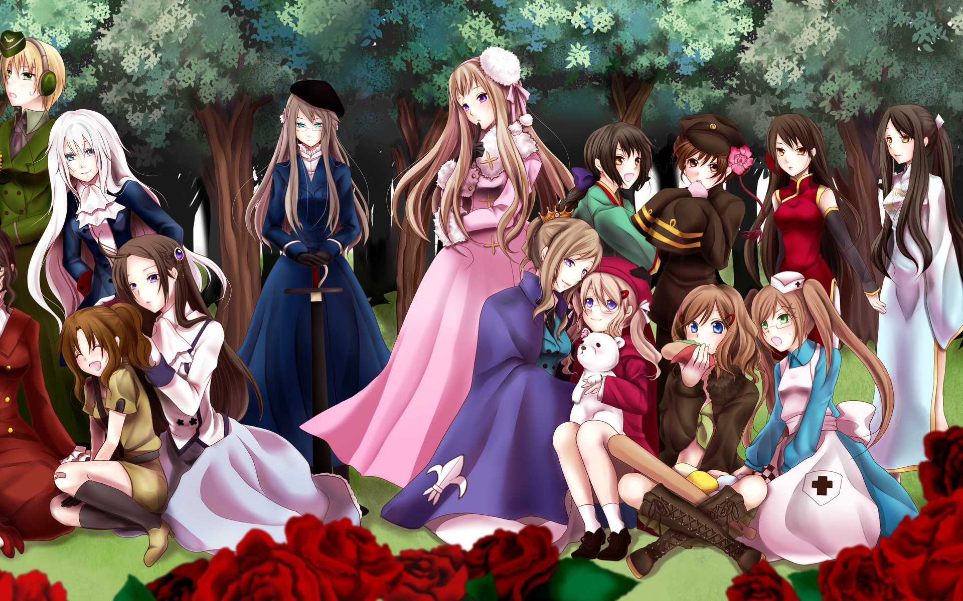 Картинки Hetalia оси полномочия, толпа, парк, цветы фото и обои на рабочий стол