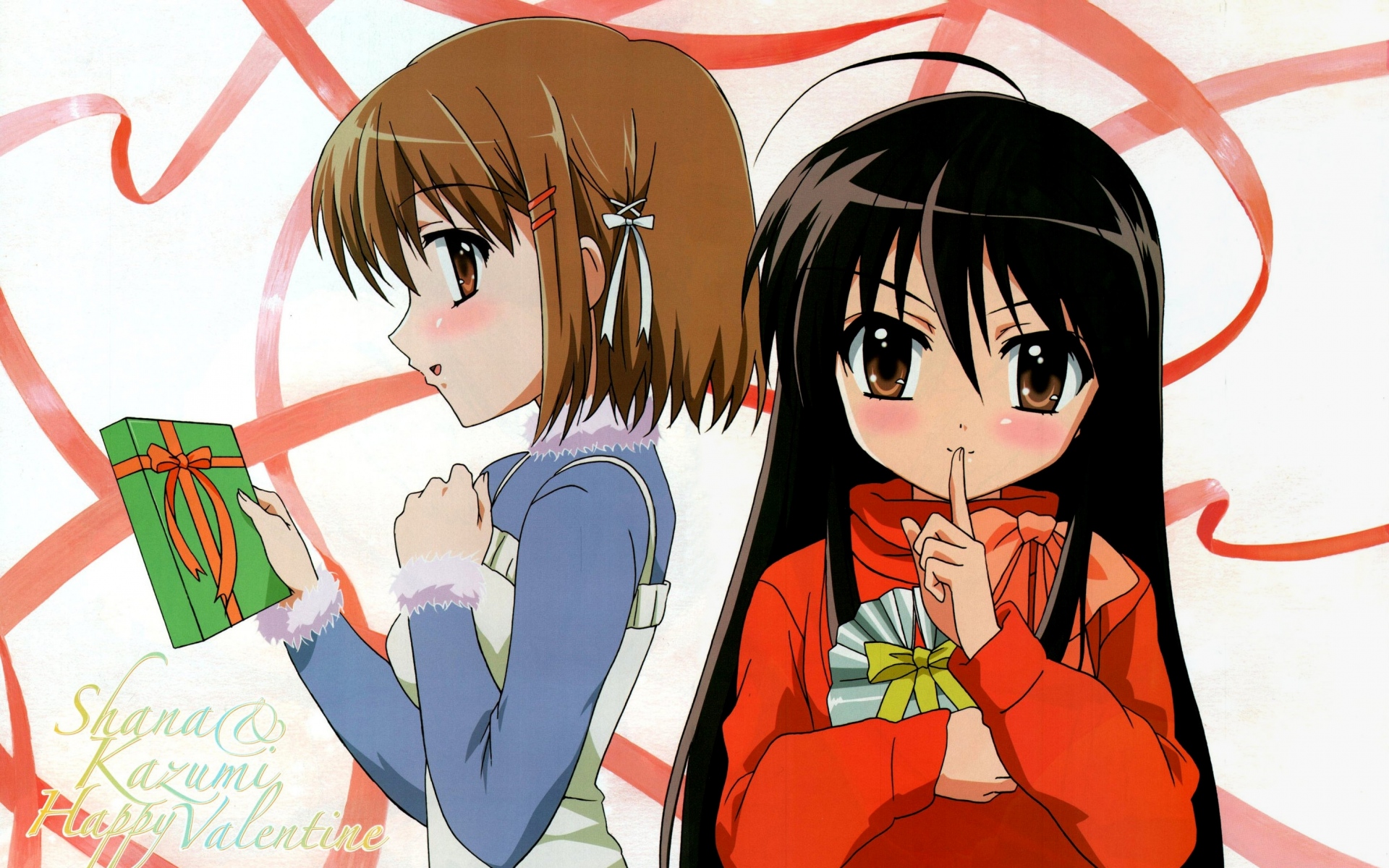 Картинки Shakugan no shana, девушки, подарок, жест, румяна фото и обои на рабочий стол