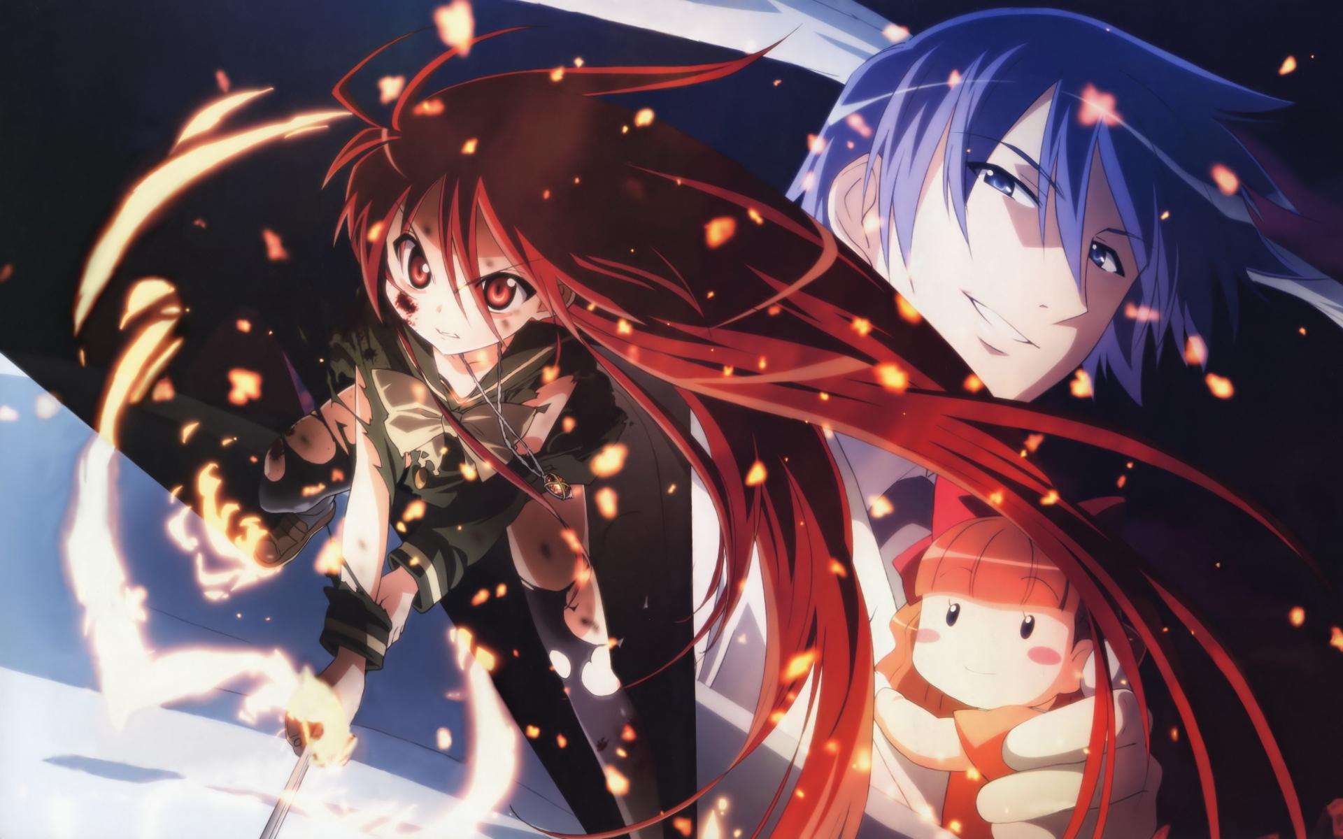 Картинки Shakugan no shana, девушка, мальчик, огонь, движение фото и обои на рабочий стол