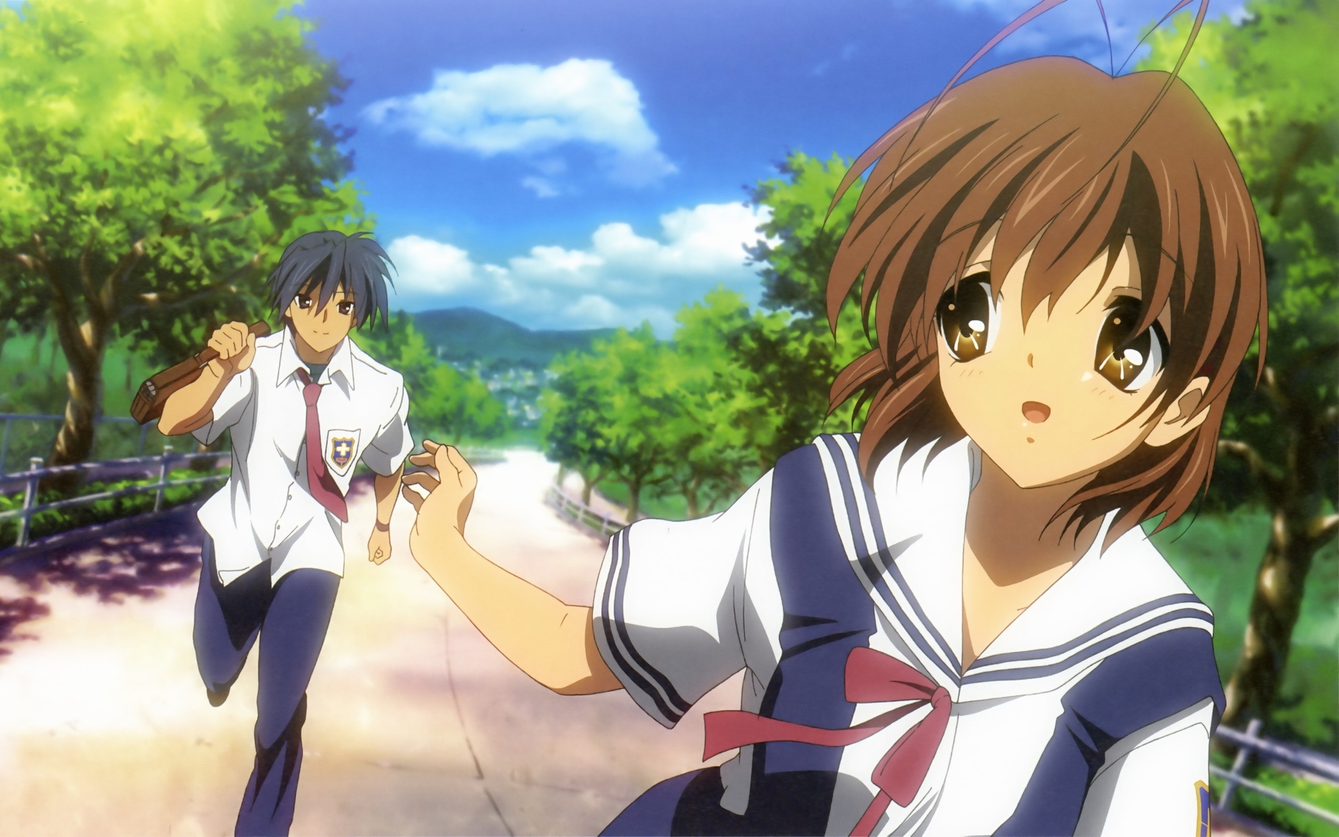 Картинки Clannad, мальчик, девушка, бег, прогулки, парк фото и обои на рабочий стол