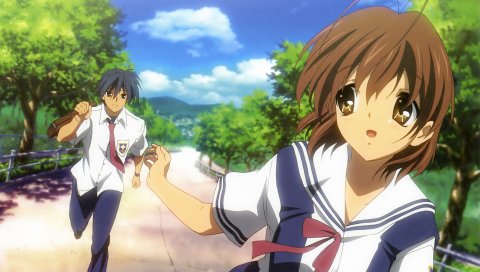 Clannad, мальчик, девушка, бег, прогулки, парк