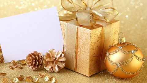 Подарок, рождественские игрушки, конусы, стразы, золото, примечание, праздник, новый год