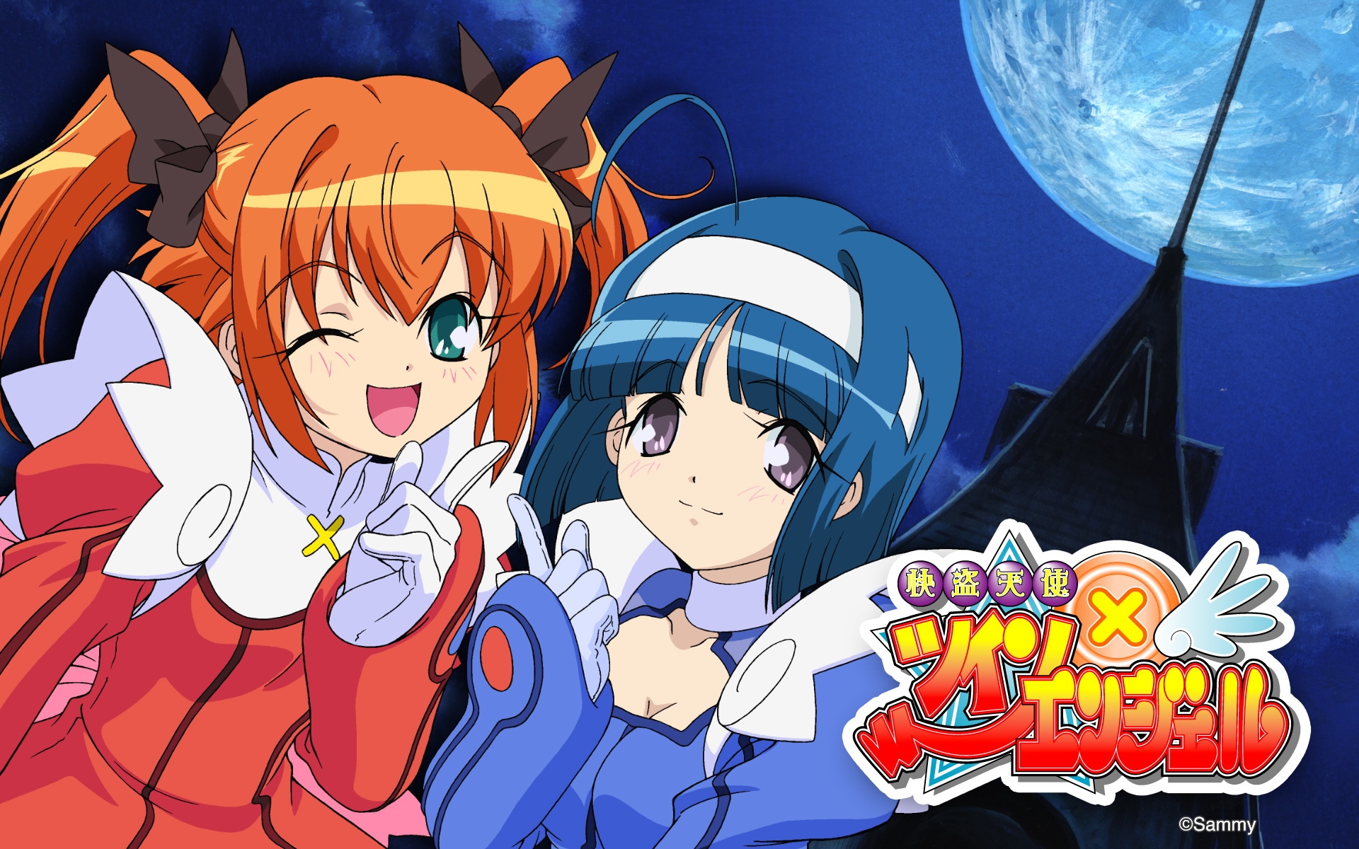 Картинки Kaitou tenshi twin angel, девушки, луна, ночь фото и обои на рабочий стол