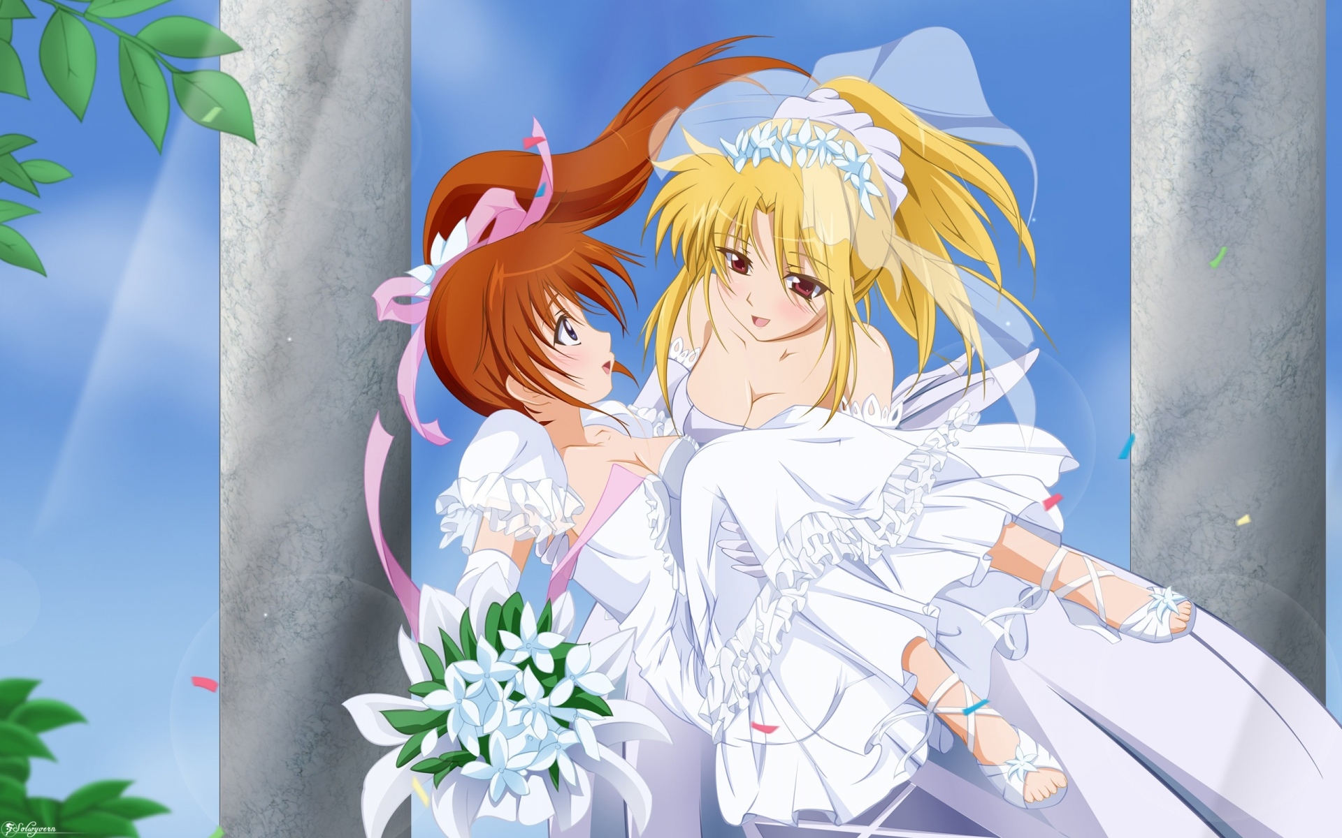 Картинки Mahou shoujo лирическая nanoha, девушки, невесты, букет фото и обои на рабочий стол
