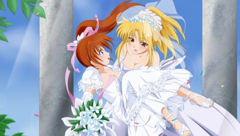 Mahou shoujo лирическая nanoha, девушки, невесты, букет