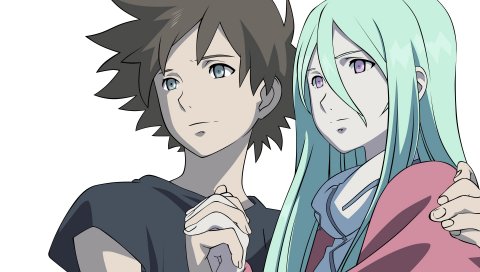 Eureka seven, boy, girl, touch, smile, look