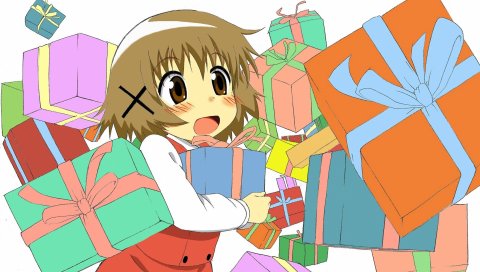 Hidamari эскиз, девушка, подарки, коробки, неудобно