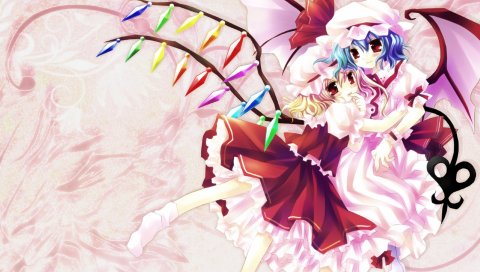 Sakurazawa izumi, remilia scarlet, flandre scarlet, девушки, крылья, капот
