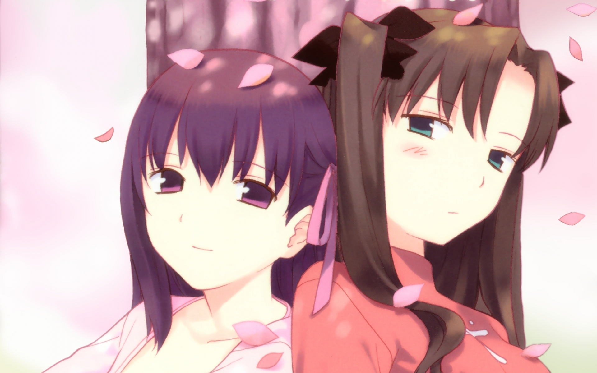 Картинки Судьбы ночь пребывания, toosaka rin, matou sakura, девушки, деревья, лепестки фото и обои на рабочий стол