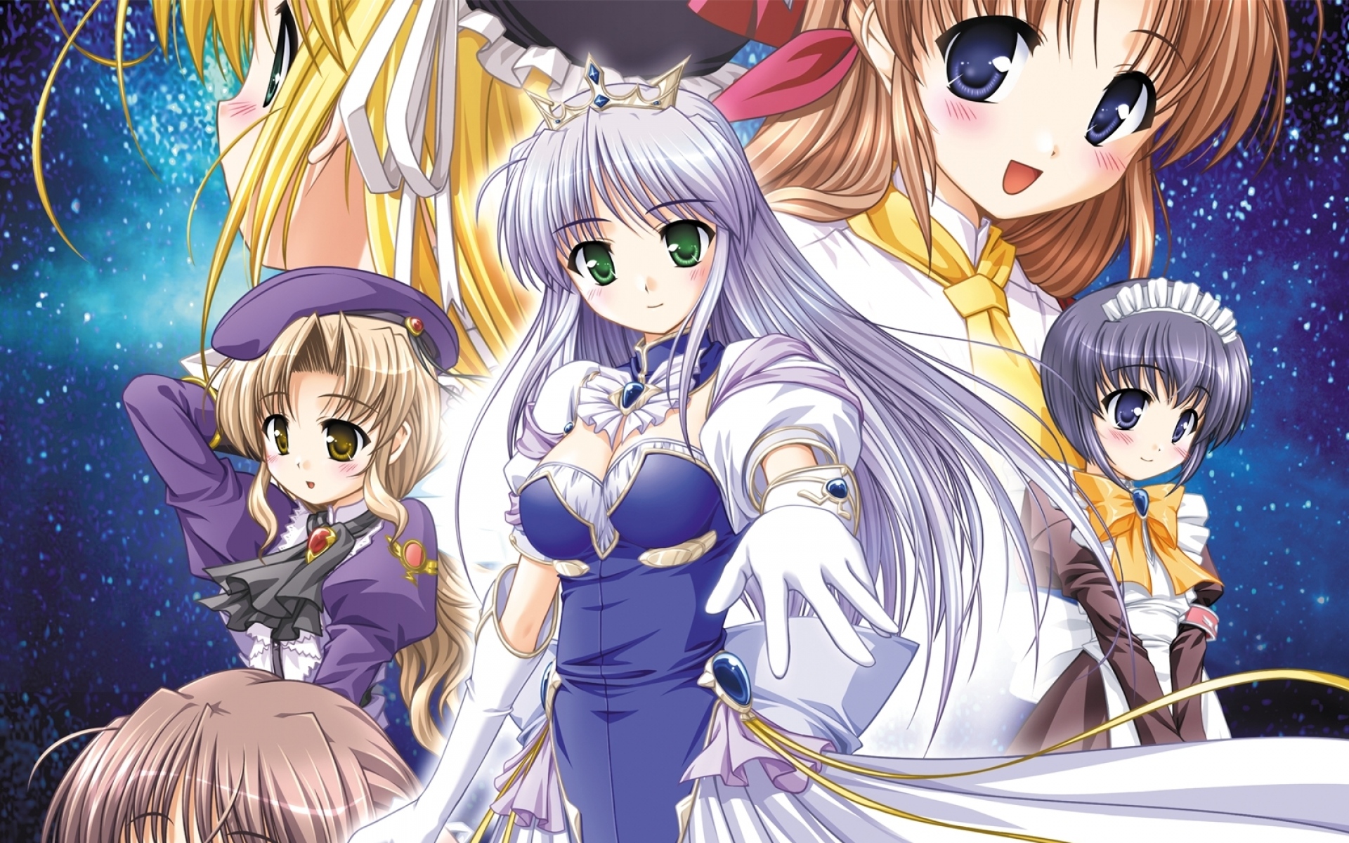 Картинки Yoake mae yori ruri iro na, feena fam earthlight, mia clementis, asagiri mai, августейшие куски, такамизава нацуки, венок с надписью, hozumi sayaka, девушки, космос фото и обои на рабочий стол