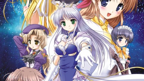 Yoake mae yori ruri iro na, feena fam earthlight, mia clementis, asagiri mai, августейшие куски, такамизава нацуки, венок с надписью, hozumi sayaka, девушки, космос