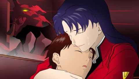 Neon genesis evangelion, ikari shinji, katsuragi misato, мальчик, девушка, объятия, слезы
