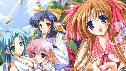 Moekibara fumitake, платиновый ветер, milpha, fannil, percy, девушки, улыбка, эльф