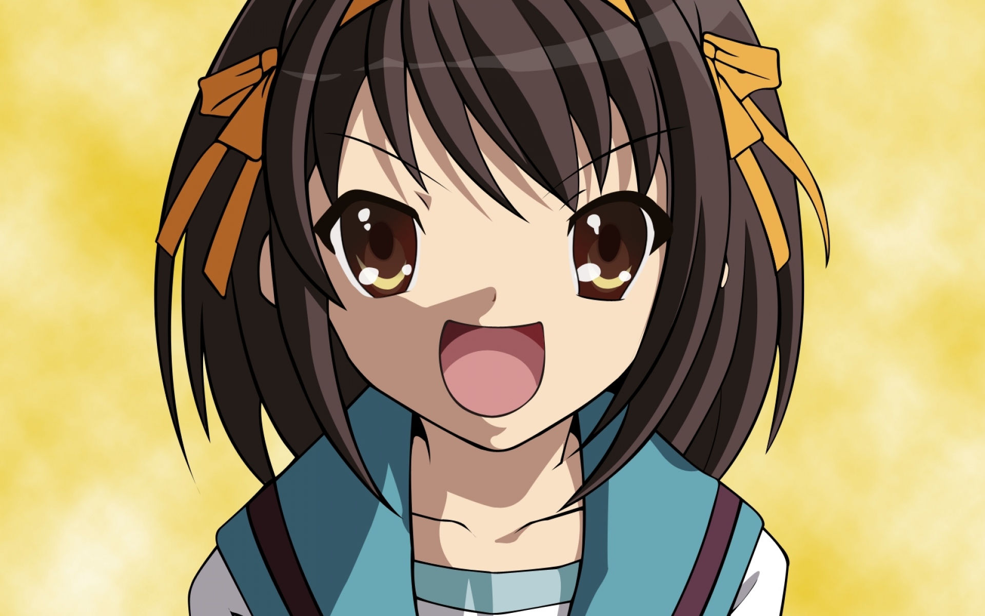 Картинки Suzumiya haruhi no yuutsu, suzumiya haruhi, девушка, брюнетка, радость, челки фото и обои на рабочий стол