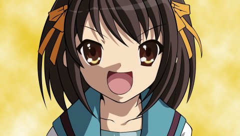 Suzumiya haruhi no yuutsu, suzumiya haruhi, девушка, брюнетка, радость, челки