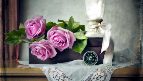 Розы, цветы, три, стекло, ткань, коробка, компас