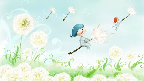 Живопись, краска, цвет, одуванчик, полет, человек