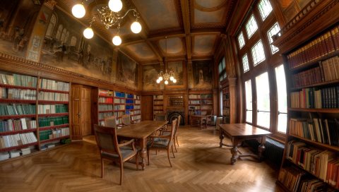 Библиотека, стиль, стол, книги, деревянные
