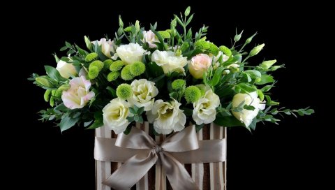 Lisianthus russell, цветы, хризантема, зелень, подарок, лук