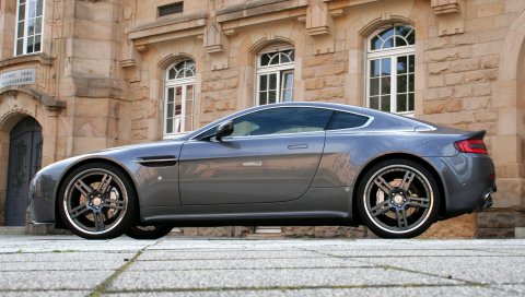 Aston martin, v8, vantage, 2009, серый, вид сбоку, стиль, здание