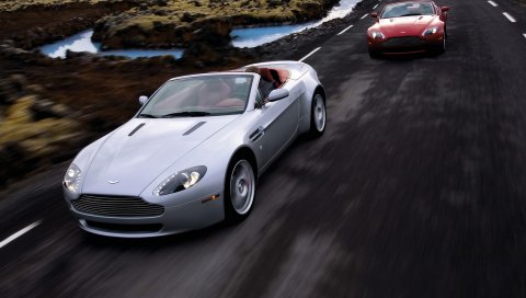 Aston martin, v8, vantage, 2006, серебристый, красный, вид спереди, скорость, гонка