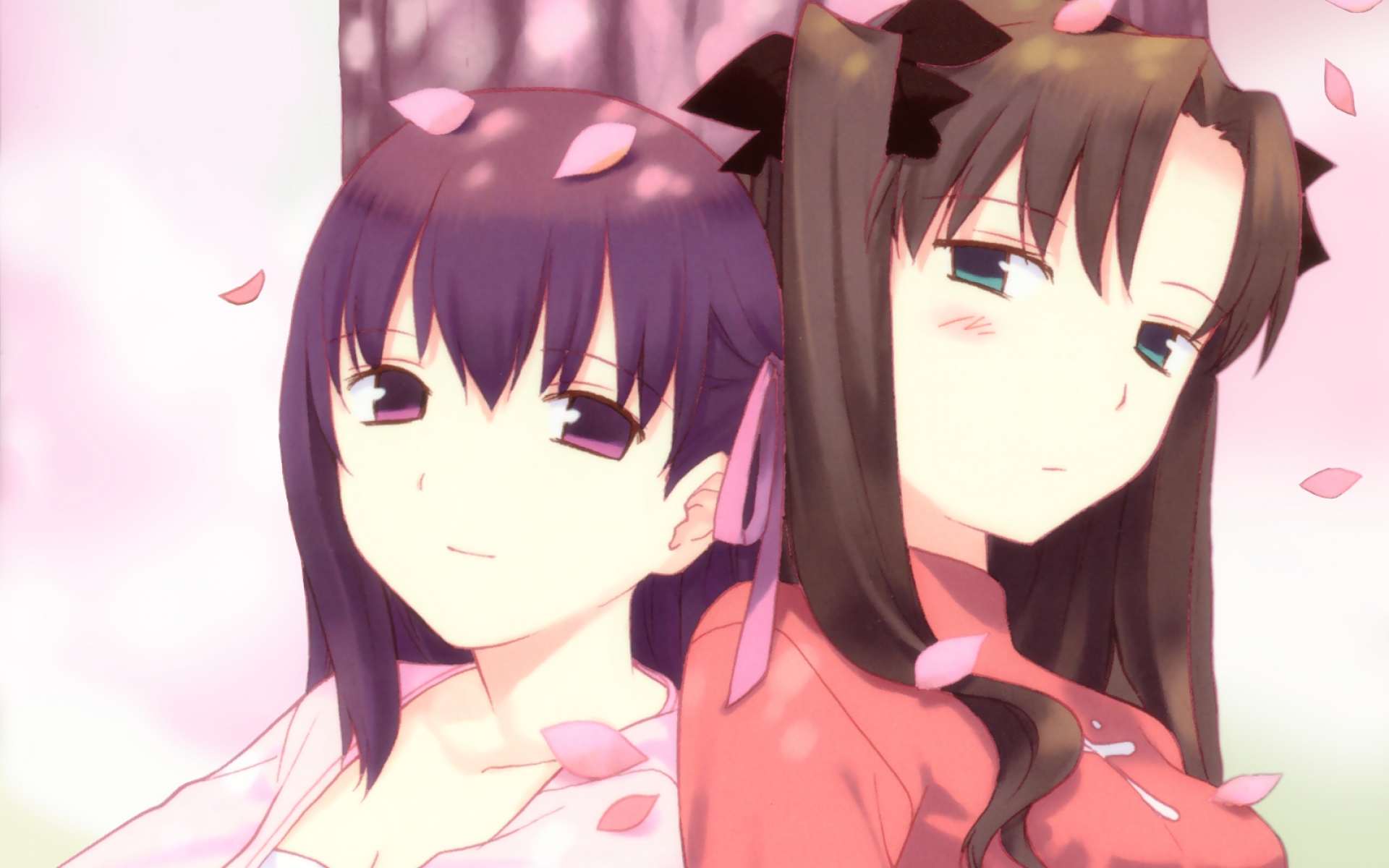 Картинки Судьбы ночь пребывания, toosaka rin, matou sakura, девушка, лепестки фото и обои на рабочий стол