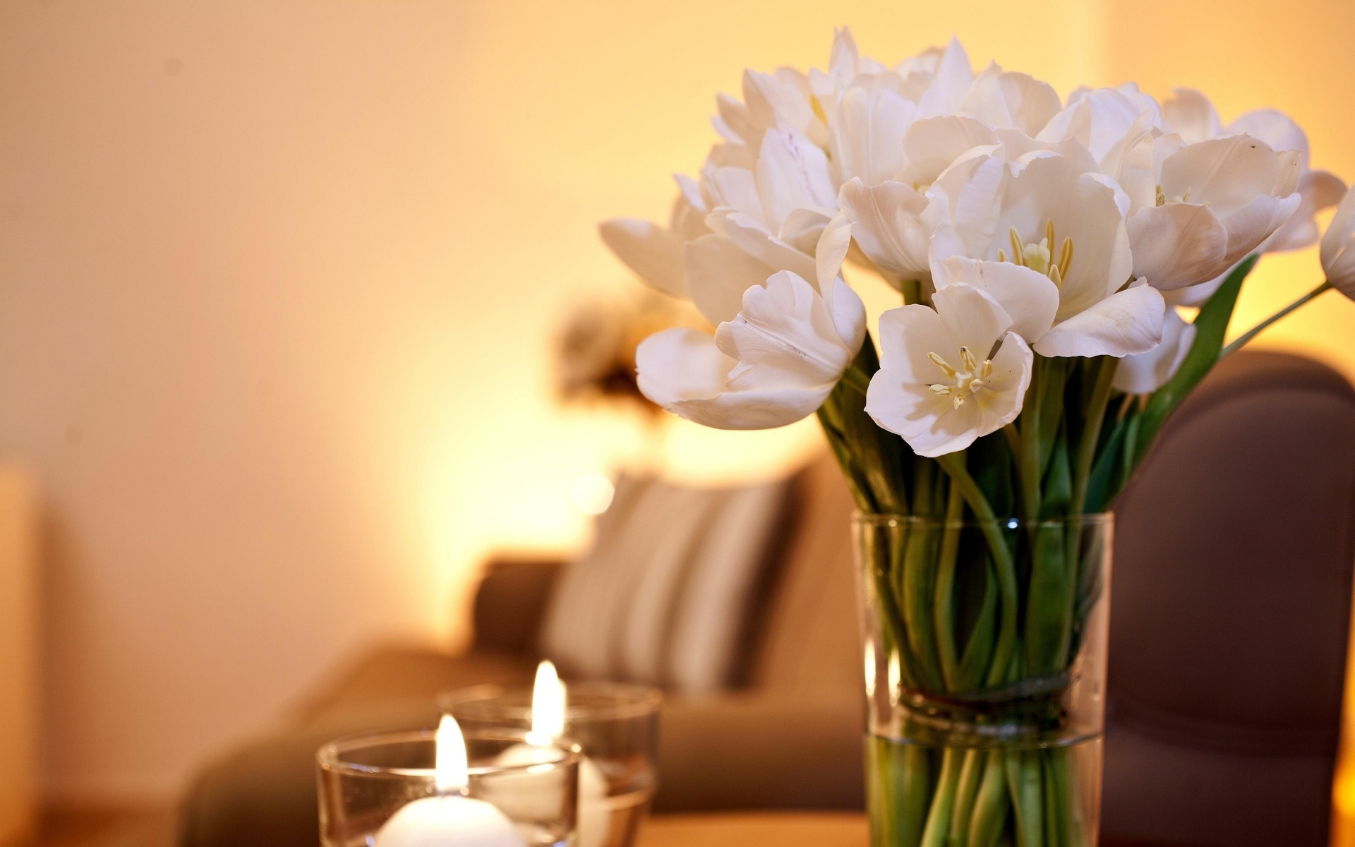 Картинки Тюльпаны, цветы, гроздь, ваза, свечи, романтика фото и обои на рабочий стол