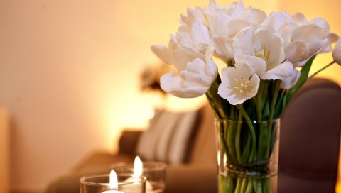 Тюльпаны, цветы, гроздь, ваза, свечи, романтика