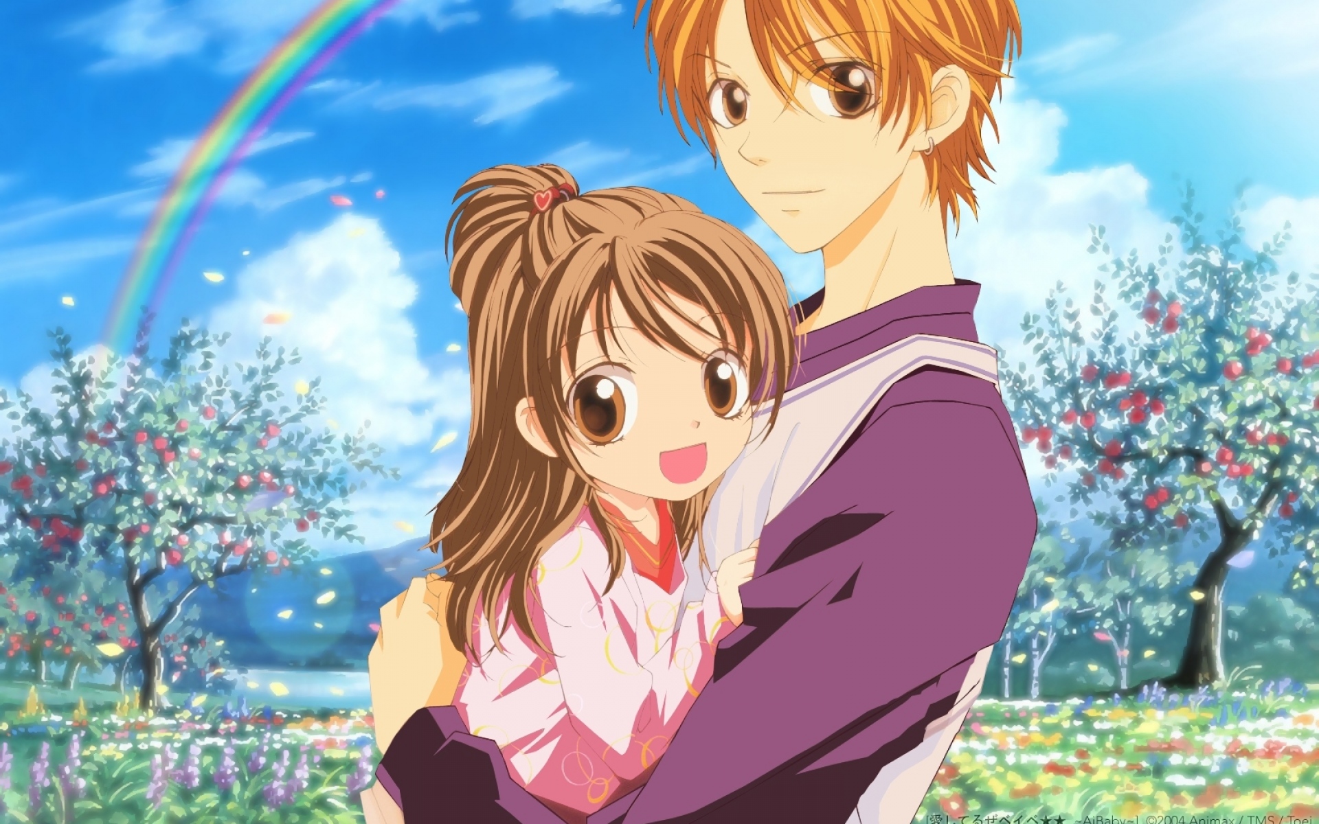 Картинки Aishiteruze baby, boy, girl, hug, sky, rainbow фото и обои на рабочий стол