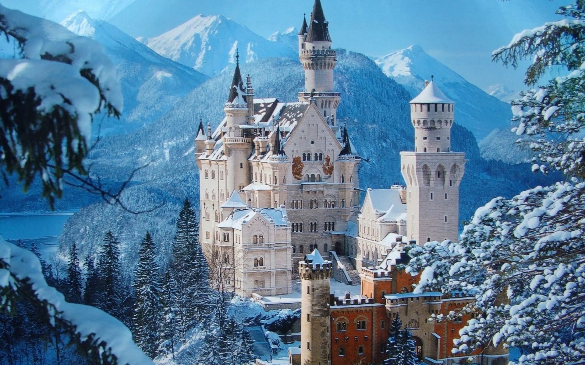 Картинки Замок, снег, горы, зима, довольно фото и обои на рабочий стол