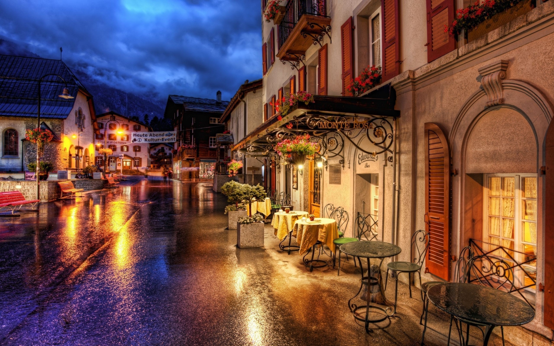 Картинки Швейцария, улица, кафе, вечер, hdr фото и обои на рабочий стол