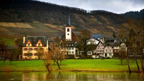 Rheinland-pfalz, Германия, здания, трава, холмы