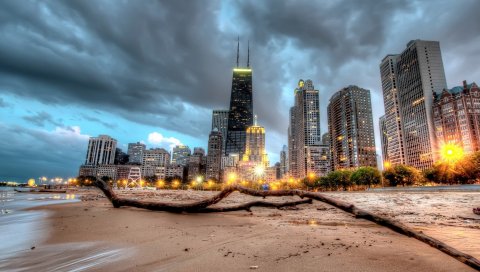 Чикаго, небоскреб, пляж, песок, hdr