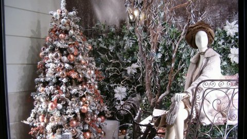 Дерево, рождественские украшения, манекен, витрина, праздник, новый год