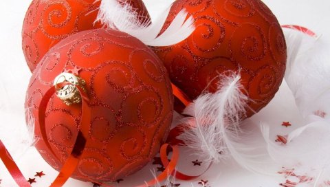 Рождественские украшения, воздушные шары, красный, перья, звезды, праздник, рождество